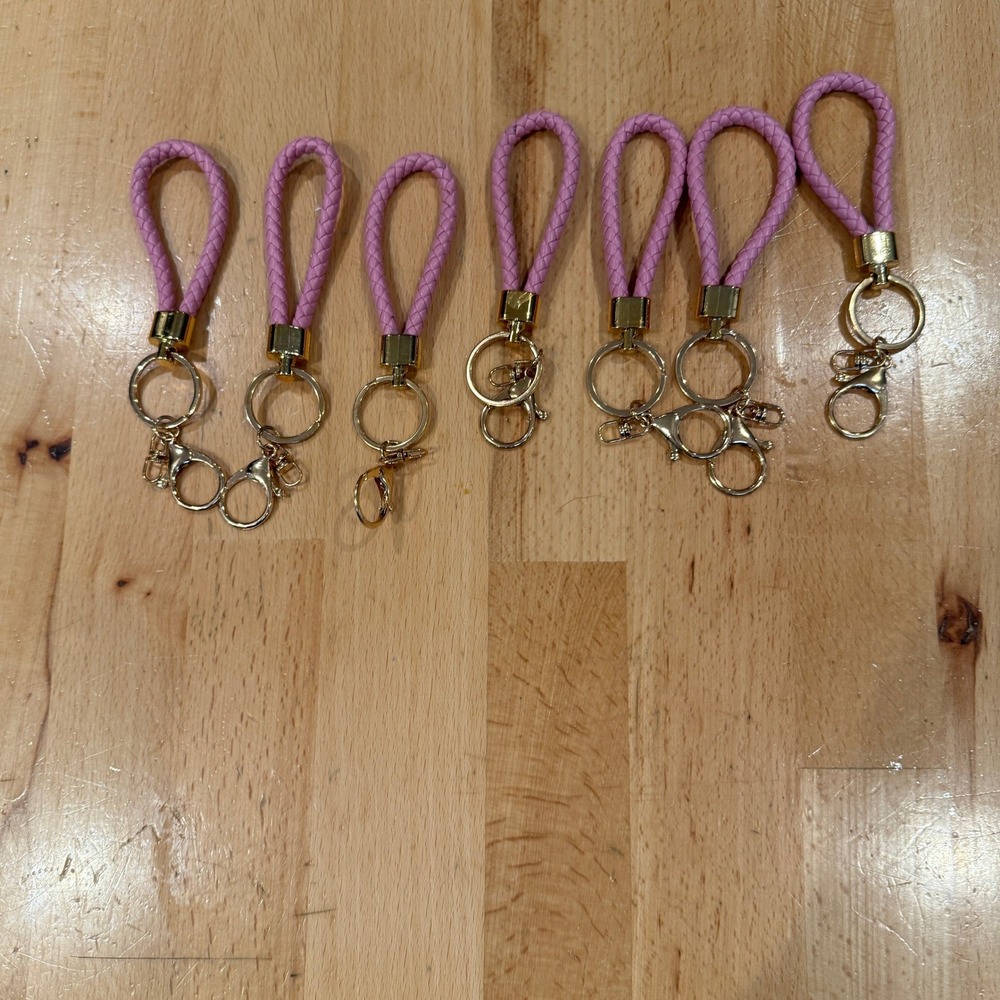 Set of 7 Pink Braided Leather Lanyard Keychain Wristlet Strap Gold Tone Hardware